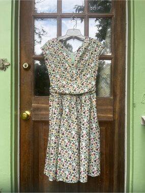 Retrolicious Cream Midi Dress with Red & Green Floral Holiday Print